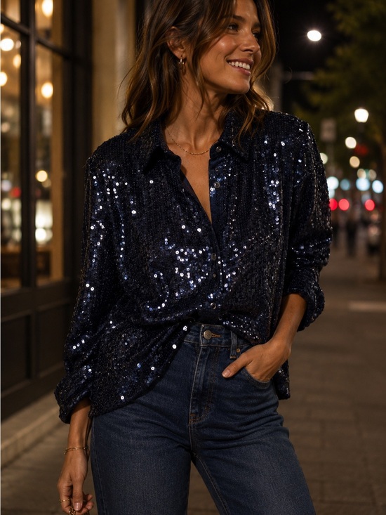 J. Crew Tops - J.Crew Collection Navy Sequin Button Front Shirt Top Size 16